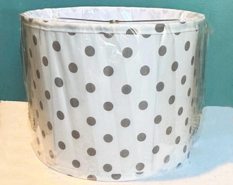 Handmade White with Taupe Polka Dots Fully Framed and Lined Cotton Fabric Drum Floor Lamp Shade:  15" Top x 15.5" Bottom x 11.5" tall