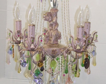 Vintage Style Cherub 5 light Mini Chandelier with Mulit Color Murano Crystals and Faux Pearls