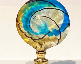 New: Modern Art Deco Round Art Glass lamp Finial 2-3/4" Tall, Unique brass base tap 1/4"-27 fits standard harps.