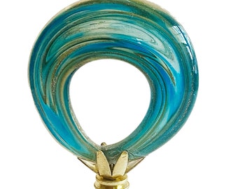New: Handmade Art Glass with Greens, Blues & Gold Glass Finial 3" Tall, brass base tap 1/4"-27 fits standard harps.
