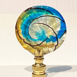 New: Modern Art Deco Round Art Glass lamp Finial 2-3/4&quot; Tall, Unique brass base tap 1/4&quot;-27 fits standard harps.