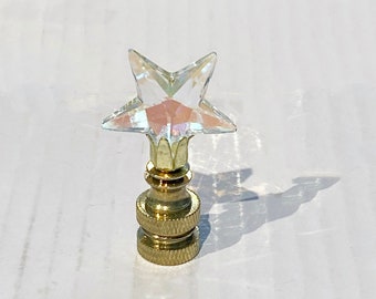 New:  Handmade 1-7/8" Swarovski Clear Iridescent Crystal Star Lamp Finial with Brass, Chrome, or Antique Brass base tap 1/4-27