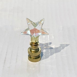 New:  Handmade 1-7/8&quot; Swarovski Clear Iridescent Crystal Star Lamp Finial with Brass, Chrome, or Antique Brass base tap 1/4-27 Made to Order