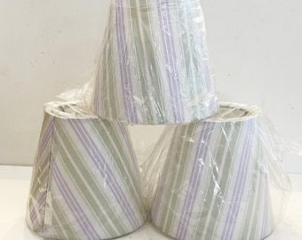 3 Handmade Chandelier Clip-on Hardback Empire Style Shades in a  Pastel Lavender, Green & White striped print.