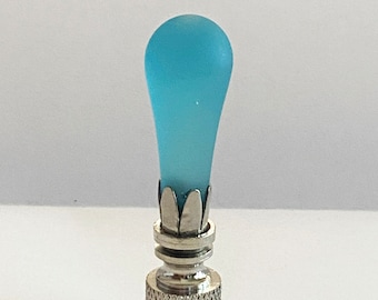RARE 2-3/8" Vintage Frosted Teal Murano Teardrop Lamp Finial with Chrome finish base, tap 1/4-27
