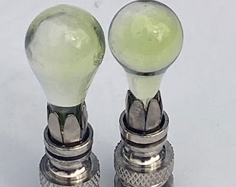 Pair of Lime Green Glass Teardrop 2" tall Lamp Finial with solid Brass base tap 1/4-27,  choice of Brass, Nickel or Antique Brass base