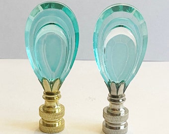 TEAL Aqua Glass Lamp Finial 2-3/4" Teardrop Cut Glass Lamp Finial with a Brass or Polished Nickel base  tapped 1/4-27