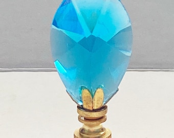 New: Handmade 2-3/4" Aqua Almond Teardrop Teal Crystal Lamp Finial with Brass, Antique Brass or Chrome base tap 1/4-27 Made to order