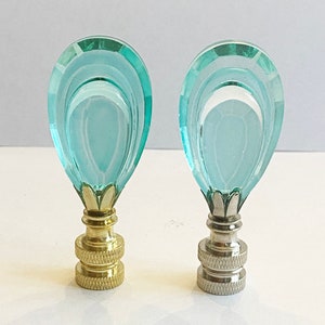 TEAL Aqua Glass Lamp Finial 2-3/4" Teardrop Cut Glass Lamp Finial with a Brass or Polished Nickel base  tapped 1/4-27