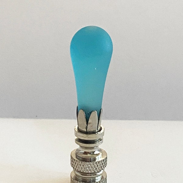 RARE 2-3/8" Vintage Frosted Teal Murano Teardrop Lamp Finial with Chrome finish base, tap 1/4-27