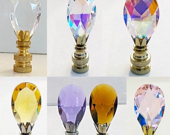 Handmade Crystal Almond Teardrop 2-3/8" Lamp Finial w/Brass, Antique Brass or Chrome base tap 1/4-27 Made to Order 7 COLORS Available