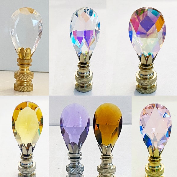 Handmade Crystal Almond Teardrop 2-3/8" Lamp Finial w/Brass, Antique Brass or Chrome base tap 1/4-27 Made to Order 7 COLORS Available