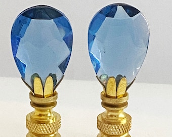 Pair of Handmade 2-1/4" Sapphire Blue Almond Teardrop Crystal Lamp Finial with Brass base tap 1/4-27