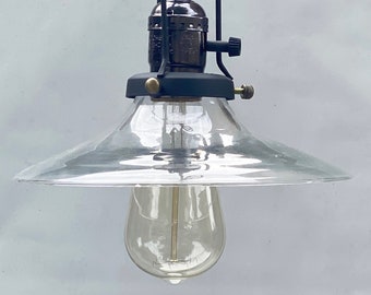 Mid Century handblown clear Glass Light Pendant Industrial Style Hanging Light Fixture with Canopy, Hardware & Edison Style Bulb included