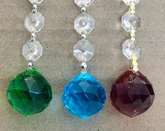 30MM PRISM Crystal Glass Ball Drops :  Choose Amber,  Blue or Green,with 3 clear Octagon & silver or gold connectors, sun catcher