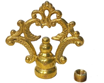 Solid Unfinished Cast Brass Fancy Loop Finial  2-3/8" Tall x 2-1/4" Wide, with reducer to fit 1/4"-27 standard harps or 3/8" lamp pipe