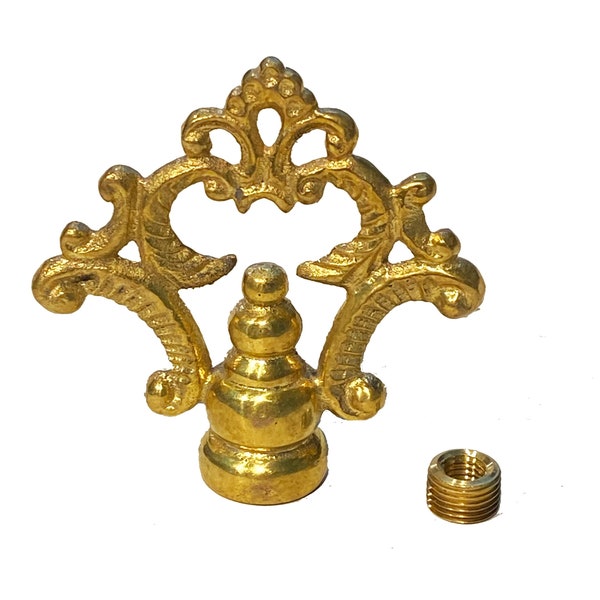 Solid Unfinished Cast Brass Fancy Loop Finial  2-3/8" Tall x 2-1/4" Wide, with reducer to fit 1/4"-27 standard harps or 3/8" lamp pipe