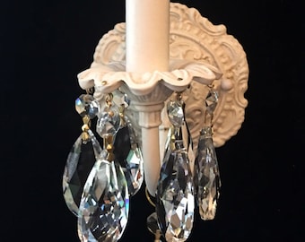 Vintage style Electric Wall Light Sconce shabby chic, Antique White finish clear Crystals