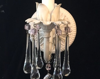 Electric Wall Light Sconce shabby chic Style, Antique White finish clear Teardrops & pink accents, available in many finishes