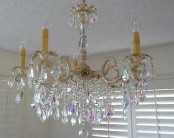 Custom Vintage style 5 or 6 Light Brass Chandelier with Crystals for Dining Room, bedroom, living room, Custom Handmade to order.