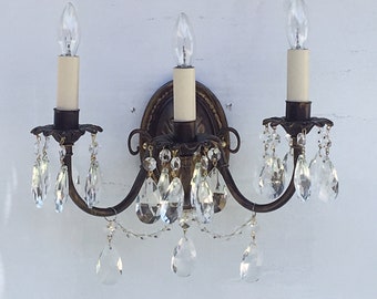 Shabby Chic Elegant 3 electric light wall sconce made to order in any finish with clear crystals Almond drops and beaded chain