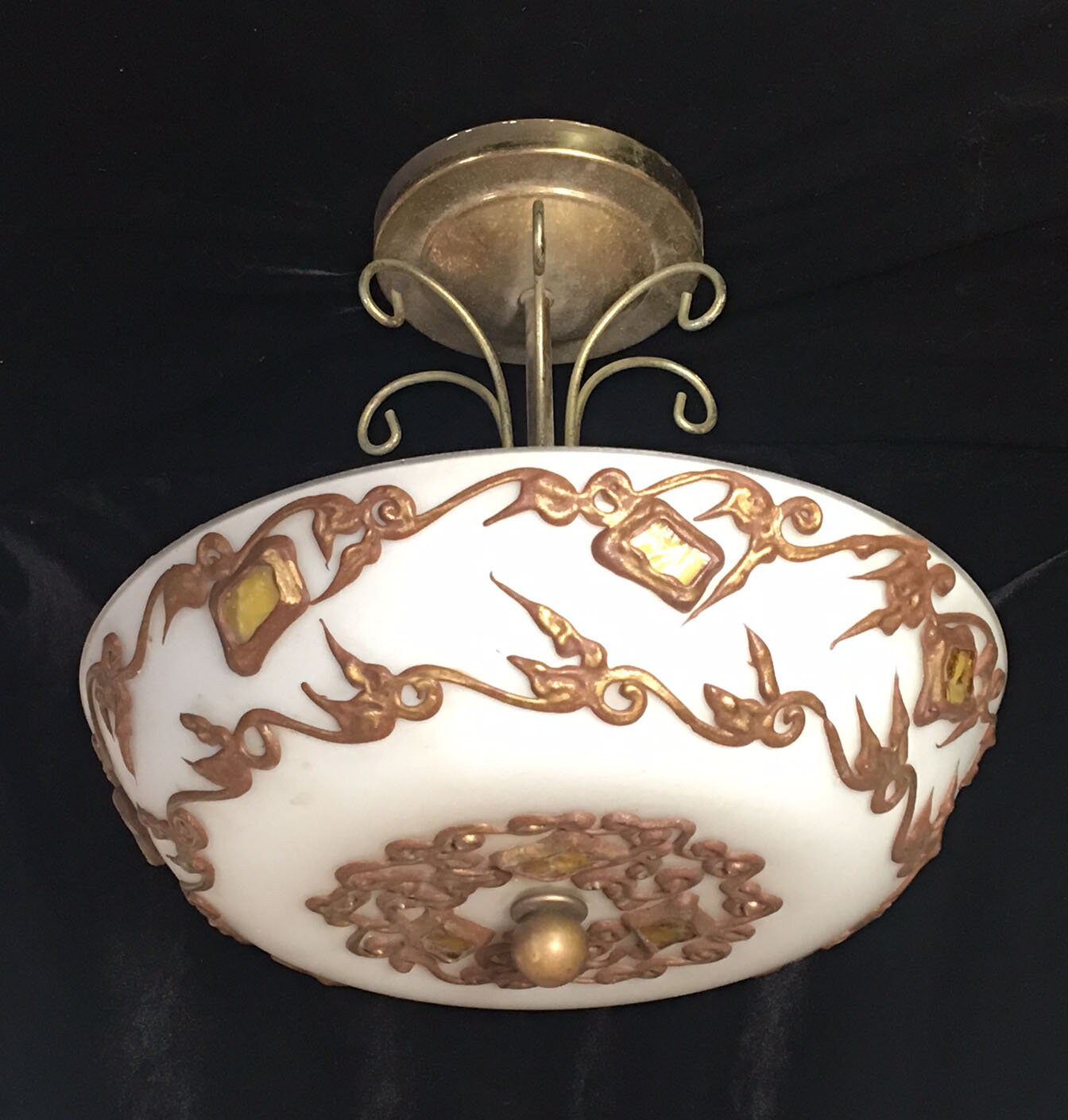 ANTIQUE vintage ceiling light fixture, glass ceiling shade with 4