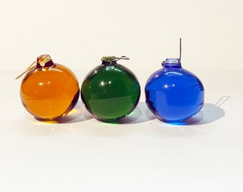 Vintage Mid Century Handmade Glass Ball Prism, Ornament or Suncatcher. Choice of Amber, Blue or Green, 1-3/8" diameter