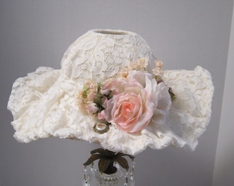 Victorian Tea Hat TableLamp Shade Cream Lace Adorned with Roses