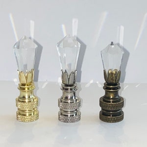 Handmade Clear Plug Icicle Crystal lamp Finial 2&quot; Tall, Chrome, Antique Brass or Brass finish base tap 1/4&quot;-27,  Made to Order