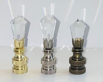 Handmade Clear Plug Icicle Crystal lamp Finial 2" Tall, Chrome, Antique Brass or Brass finish base tap 1/4"-27 fits standard harps