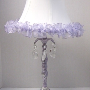 Lavender and Silver Finish Vintage style Table Lamp with Clear Crystal Prisms and Off White Slik Shade with Lavender Ruffles