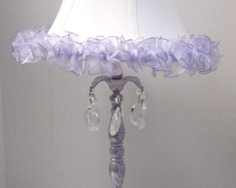 Lavender and Silver Finish Vintage style Table Lamp with Clear Crystal Prisms and Off White Slik Shade with Lavender Ruffles