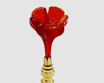 RARE 3-1/2" Vintage Murano Hand-blown RED Flower Lamp Finial,  brass base tap 1/4-27 in 3 finishes