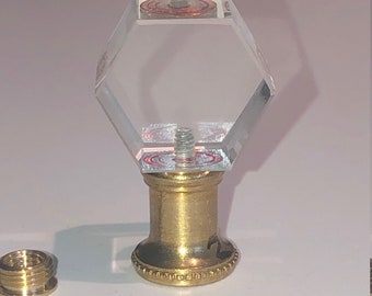 NEW: Vintage Art Deco Clear Crystal Hexagon Lamp Finial 2" Tall, Tap 1/8IP or 1/4-27.  Fits most harps.