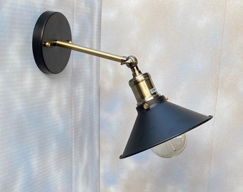 Industrial Antique Brass and Black Wall Sconce with swivel, Flat Black shade and Edison Style light bulb