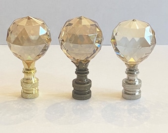 Champagne Crystal Faceted Ball lamp Finial 2-3/8" Tall, Chrome, Antique Brass or Brass finish base tap 1/4"-27 fits standard harps