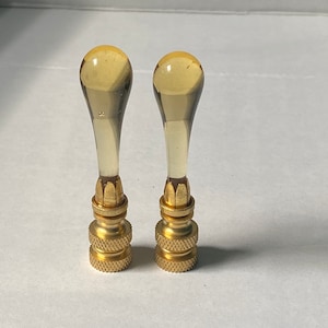RARE Pair of 2-1/2&quot; Vintage Yellow Light Amber Murano Teardrop Lamp Finial with Brass base tap 1/4-27 Made to Order
