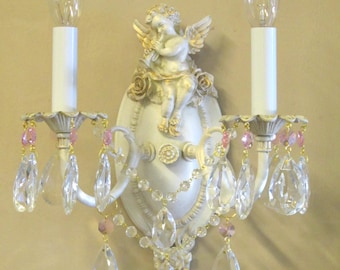 Cottage Chic Style Cherub Double Light Wall Sconce with Crystals