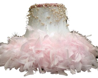 White Table Lamp Shade with pink Feathers and cream faux Pearls. Shantung Silk Shade