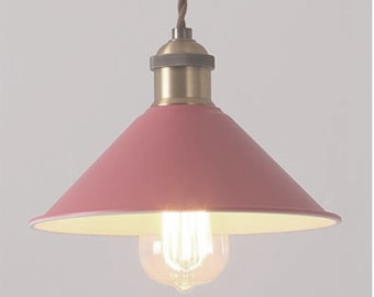 Mid Century ROSE PINK Enamel Metal Industrial Style Hanging Light Fixture with Canopy, Hardware & Edison Style Bulb included