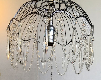 Steampunk Industrial Style Chrome Wire Basket Hanging Pendant, Crystals, crystal Beading & vintage style Edison light Bulb