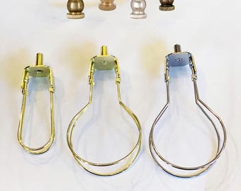 Lamp Shade Adapter (Clips onto Bulbs) No Harp Needed, choice of round bulb or torpedo bulb with choice of Solid Brass Knob finial in 5 color