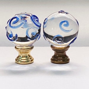 New: Modern Art Deco Clear glass with Blue Swirls Marble Lamp Finial 1-3/4&quot; Tall, Polished Brass or Antique Brass Base  fits standard harps.