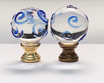 New: Modern Art Deco Clear glass with Blue Swirls Marble Lamp Finial 1-3/4" Tall, Polished Brass or Antique Brass Base  fits standard harps.