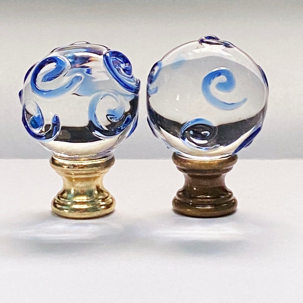 New: Modern Art Deco Clear glass with Blue Swirls Marble Lamp Finial 1-3/4" Tall, Polished Brass or Antique Brass Base  fits standard harps.