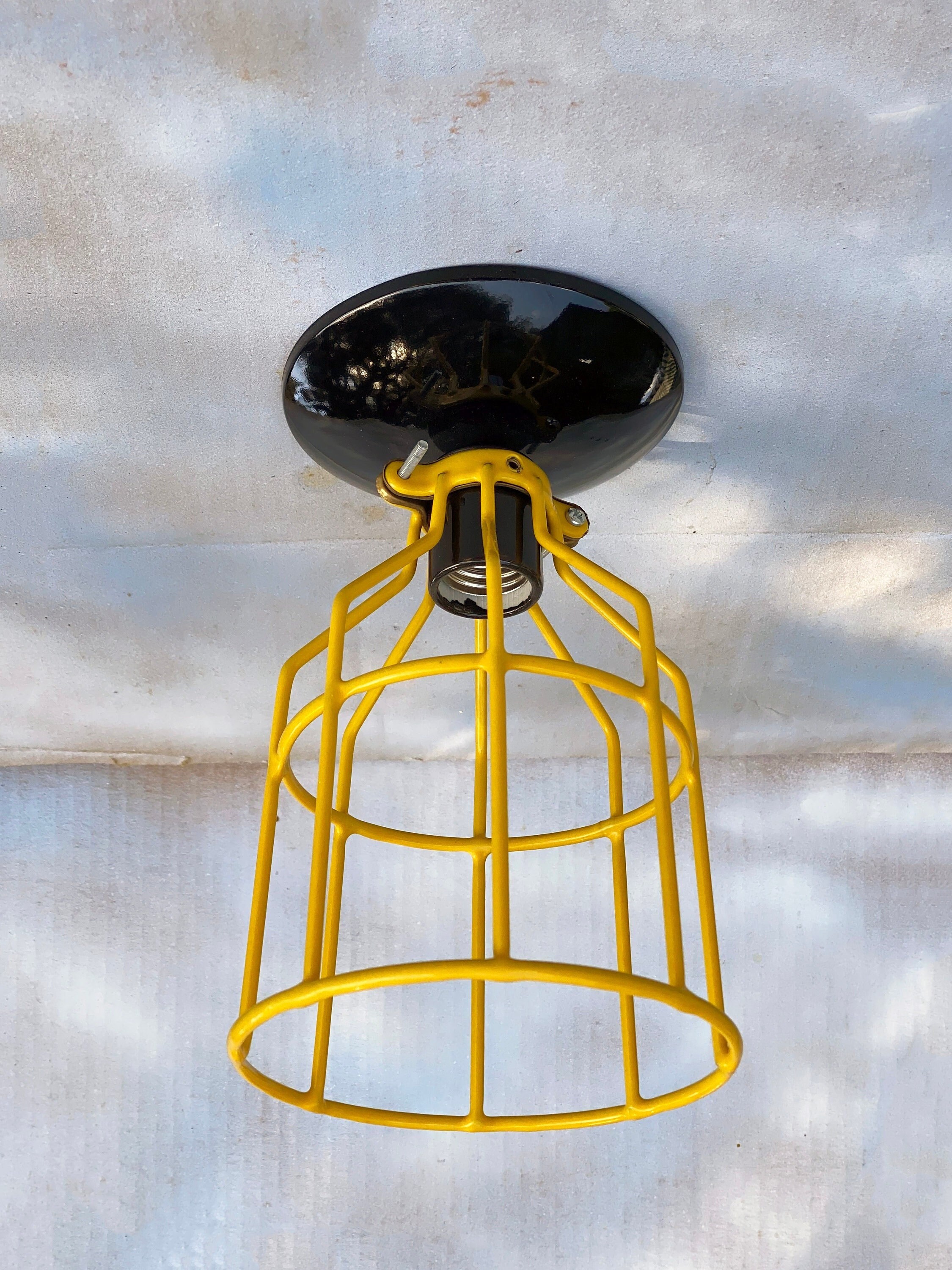 YELLOW Wire Bulb Cage Light Flush Mount Black Canopy Socket