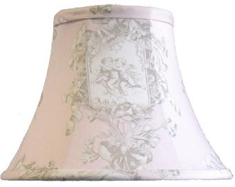 Adorable Angle Toile Lamp Shade bell Shape Pink and white fabric soft back shades fully lined, 6" x 12" x 9" High, Custom made to order