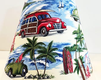 Custom Hand made Table Lamp Shade Empire Style Hardback 6" x 12" x 9.5" tall. Surf Theme with Vintage Cars