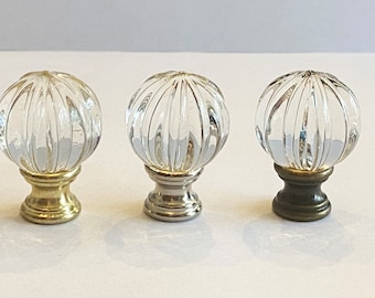 Modern Art Deco Clear Round Ribbed Glass lamp Finial 1-5/8" Tall, Chrome, Antique Brass or Brass finish base tap 1/4"-27 fits standard harps