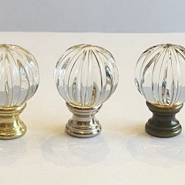 Modern Art Deco Clear Round Ribbed Glass lamp Finial 1-5/8" Tall, Chrome, Antique Brass or Brass finish base tap 1/4"-27 fits standard harps